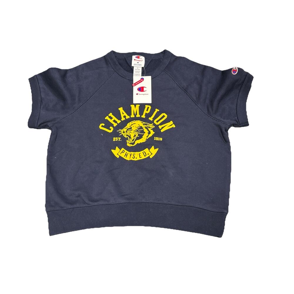 Champion Women's Short Sleeve Fleece Top/sweatshirt - Navy Blue M